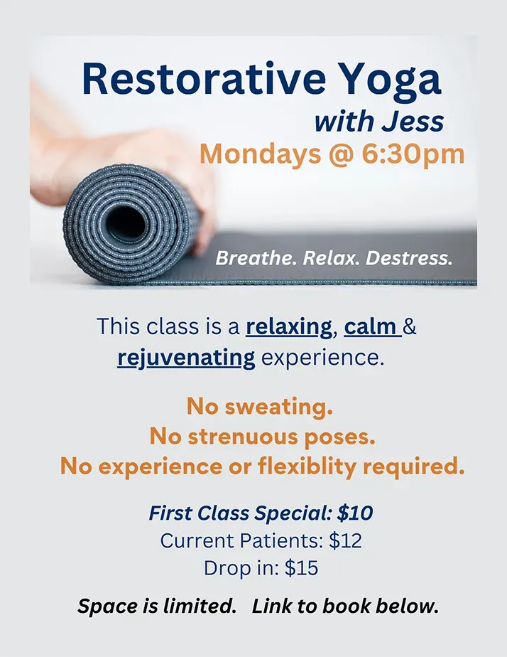 Promotional flyer for a restorative yoga class featuring a rolled yoga mat and class details.